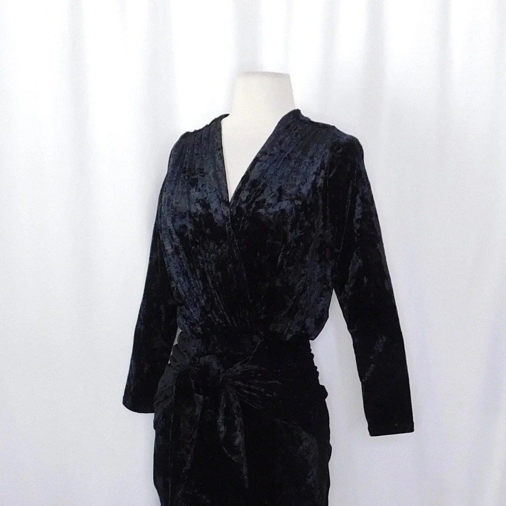 MISA Los Angeles Ophelie Black Crushed Velvet Tie Front Mini Dress Stretch Small